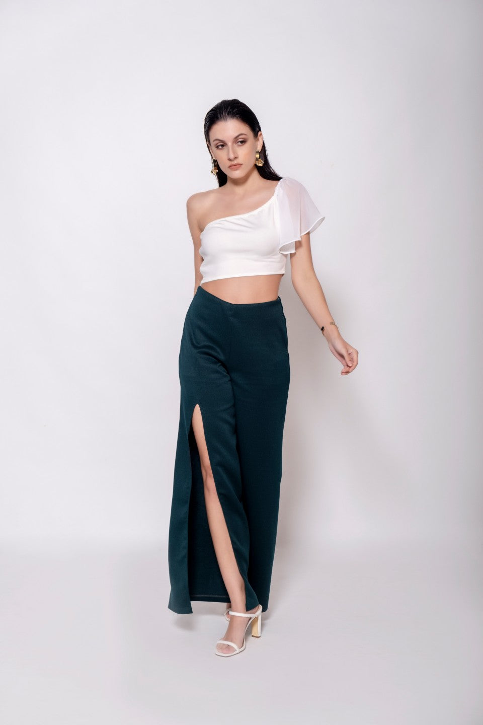 Green High Slit Stretch Pants